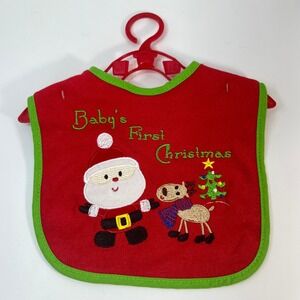 Baby Essentials Babys First Christmas Bib Red Green Santa Reindeer Terry Cloth